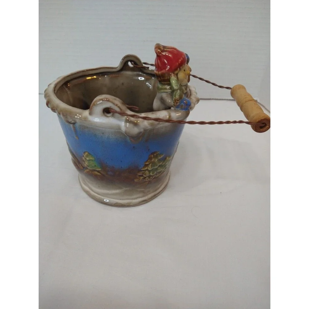Small Snowman Ceramic Gift Bucket Wood Handle Winter Village Christmas Holiday